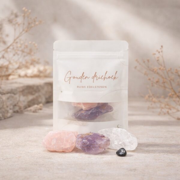 Gouden Driehoek met Hematiet Ruwe Kristallen zak