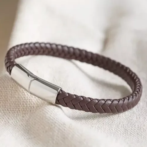 Heren bruine gevlochten vegan leren armband (M)